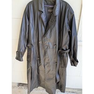 Wilson Leather Long Trench Mens L Waist Tie 2-Button Thinsulate Black VINTAGE